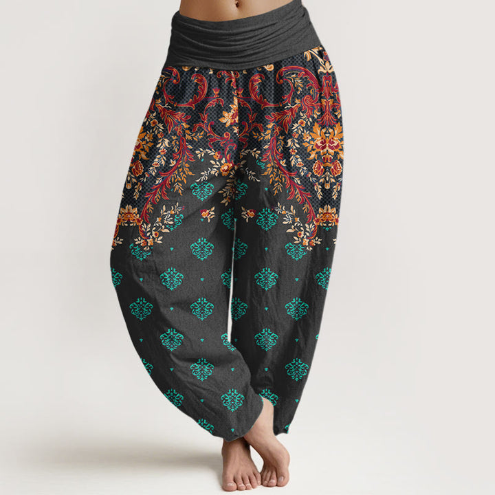 Pantalones harén de algodón con estampado simétrico de hojas y Buddha Stones para mujer, con cintura elástica - Negro - US16，UK/AU20，EU48 (3XL) - image 5