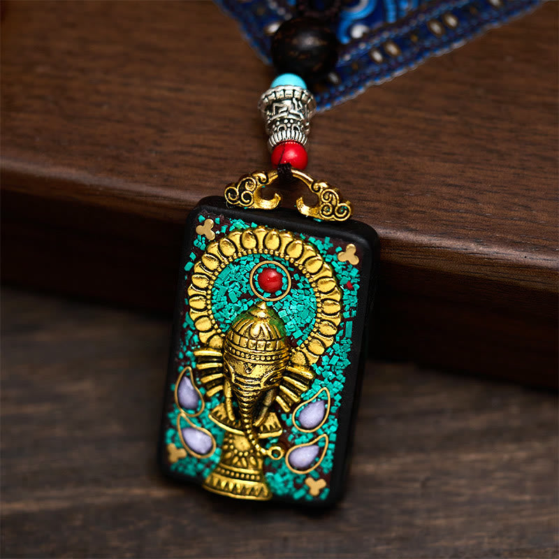 Collar con colgante de paz de madera de ébano con elefante Ganesh Ganpati tibetano y Buddha Stones - image 5