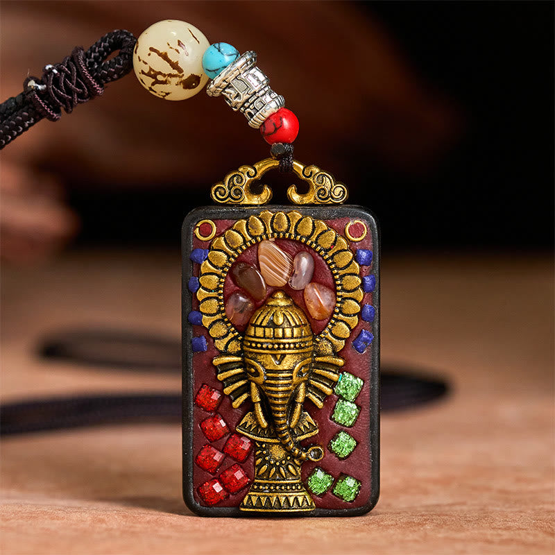 Collar con colgante de paz de madera de ébano con elefante Ganesh Ganpati tibetano y Buddha Stones - image 19