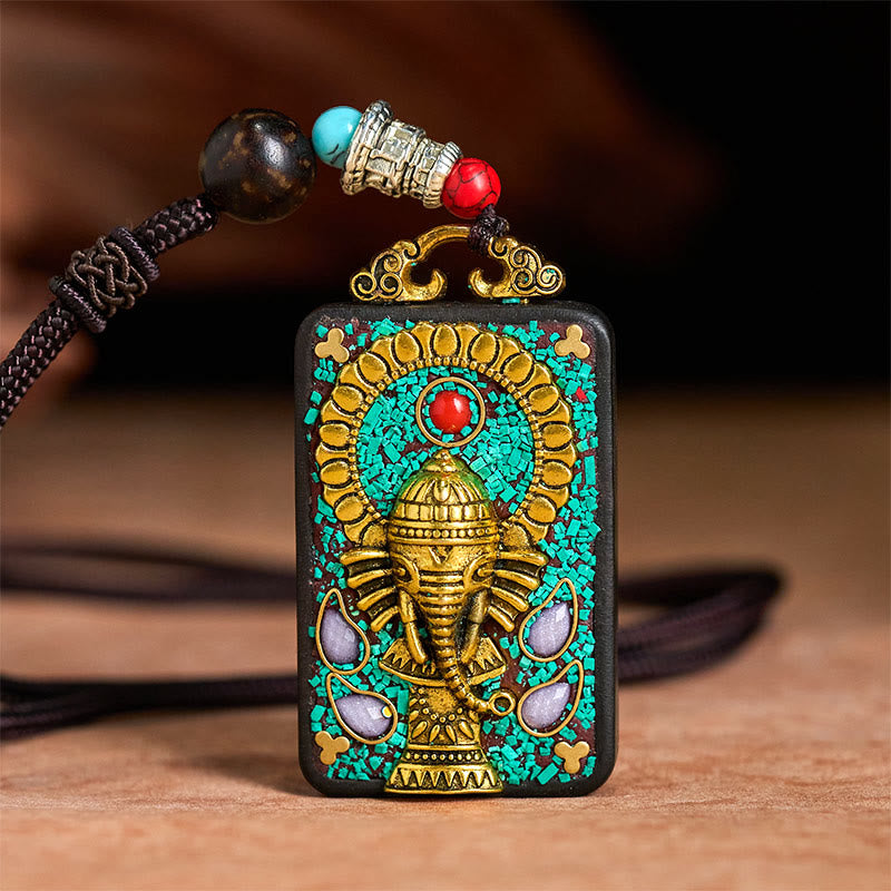 Collar con colgante de paz de madera de ébano con elefante Ganesh Ganpati tibetano y Buddha Stones - image 3