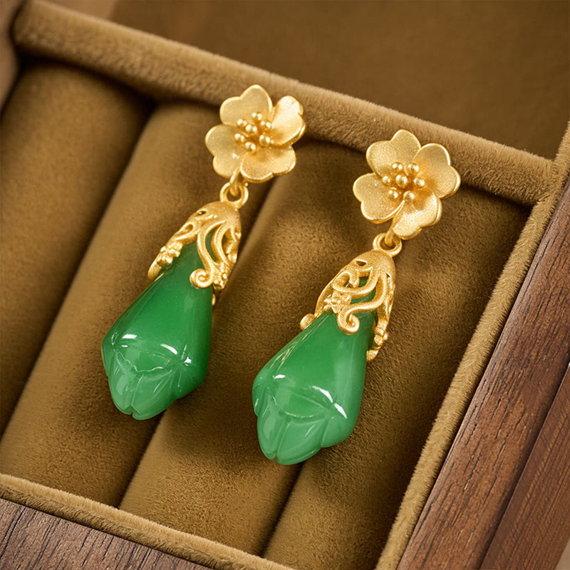Pendientes de equilibrio de oro y cobre con jaspe verde, flor de magnolia y Buddha Stones - image 1