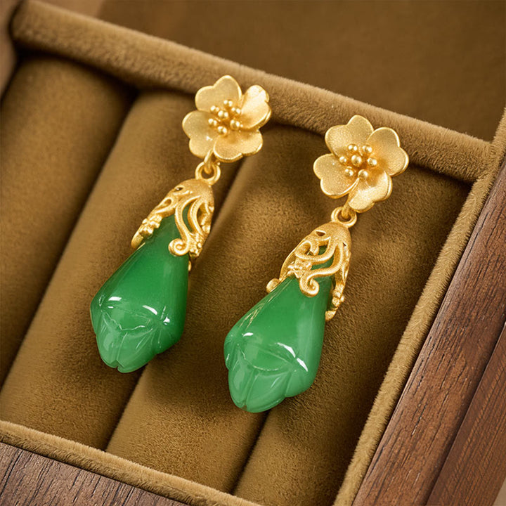 Pendientes de equilibrio de oro y cobre con jaspe verde, flor de magnolia y Buddha Stones - image 1