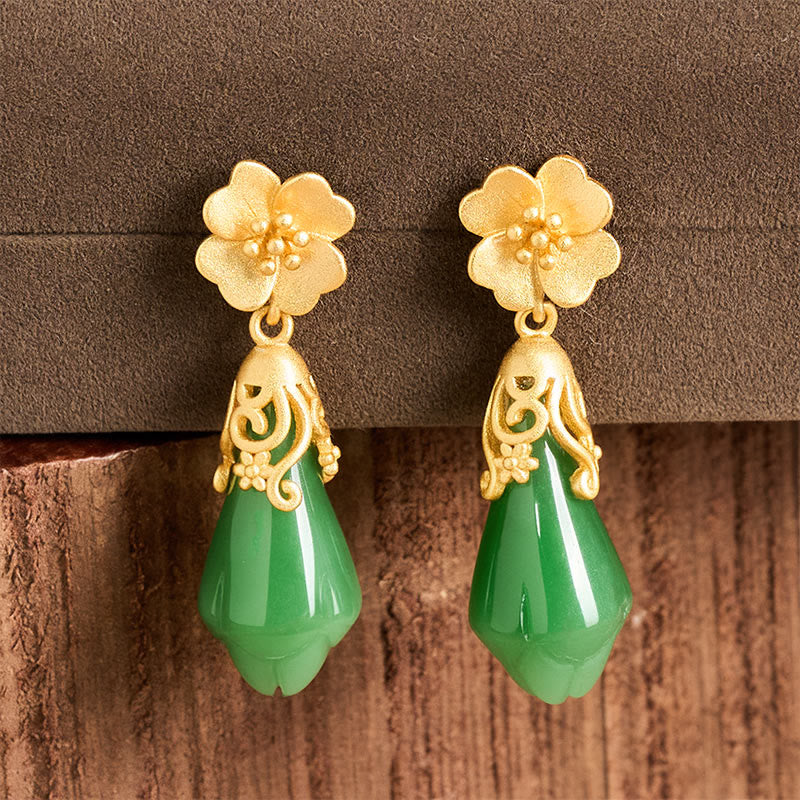 Pendientes de equilibrio de oro y cobre con jaspe verde, flor de magnolia y Buddha Stones - image 2