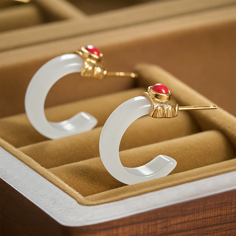 Pendientes de aro redondos con Buddha Stones y jade hetiano bañados en cobre y oro. - Jade blanco - image 5