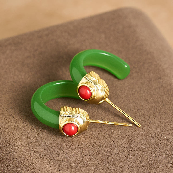 Pendientes de aro redondos con Buddha Stones y jade hetiano bañados en cobre y oro. - image 11
