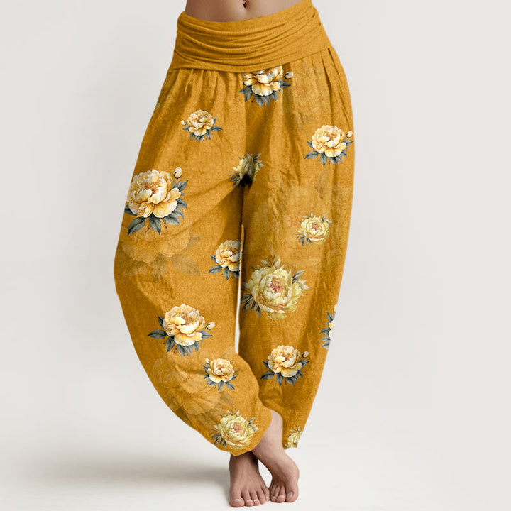 Pantalones Buddha Stones de algodón con delicado estampado de peonías y cintura elástica para mujer - Vara de oro - US16，UK/AU20，EU48 (3XL) - image 0