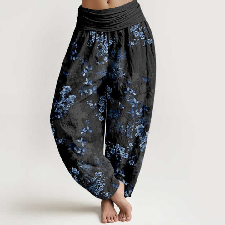 Pantalones Buddha Stones de algodón con estampado de hojas y flores nebulosas para mujer, cintura elástica - Negro - US16，UK/AU20，EU48 (3XL) - image 0