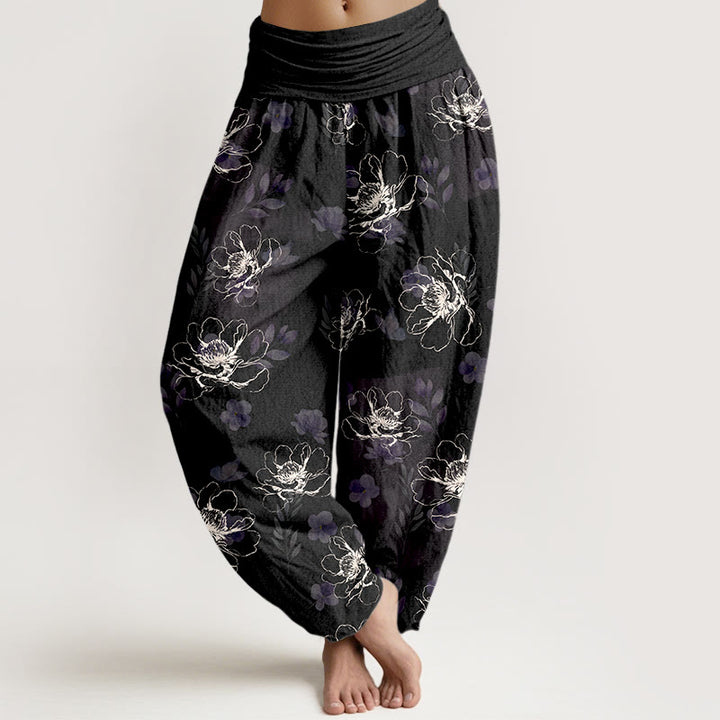 Pantalones harén de algodón con estampado floral retro y Buddha Stones para mujer, cintura elástica - Negro - US16，UK/AU20，EU48 (3XL) - image 0
