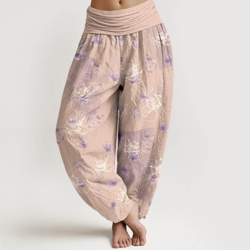 Pantalones harén de algodón con estampado floral retro y Buddha Stones para mujer, cintura elástica - Sopa de mariscos - US16，UK/AU20，EU48 (3XL) - image 8