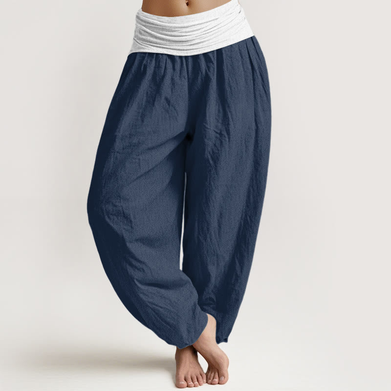 Pantalones harén de cintura elástica para mujer, color azul, negro y gris, con Buddha Stones en algodón - Azul oscuro - US16，UK/AU20，EU48 (3XL) - image 0
