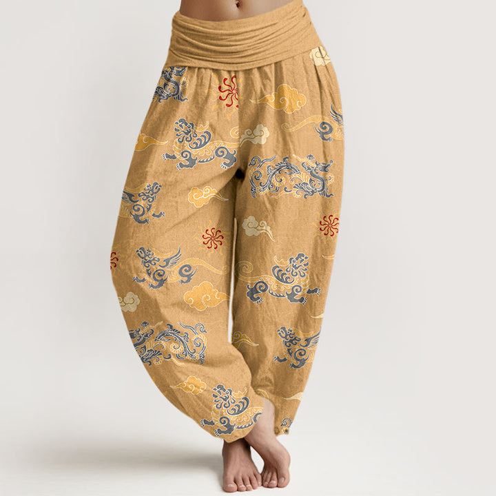 Pantalones harén de algodón con diseño de Buddha Stones, dragón, bestia auspiciosa y nubes, cintura elástica, para mujer - Oro - US16，UK/AU20，EU48 (3XL) - image 0
