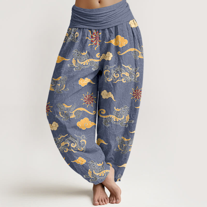 Pantalones harén de algodón con diseño de Buddha Stones, dragón, bestia auspiciosa y nubes, cintura elástica, para mujer - Azul pizarra - US16，UK/AU20，EU48 (3XL) - image 5