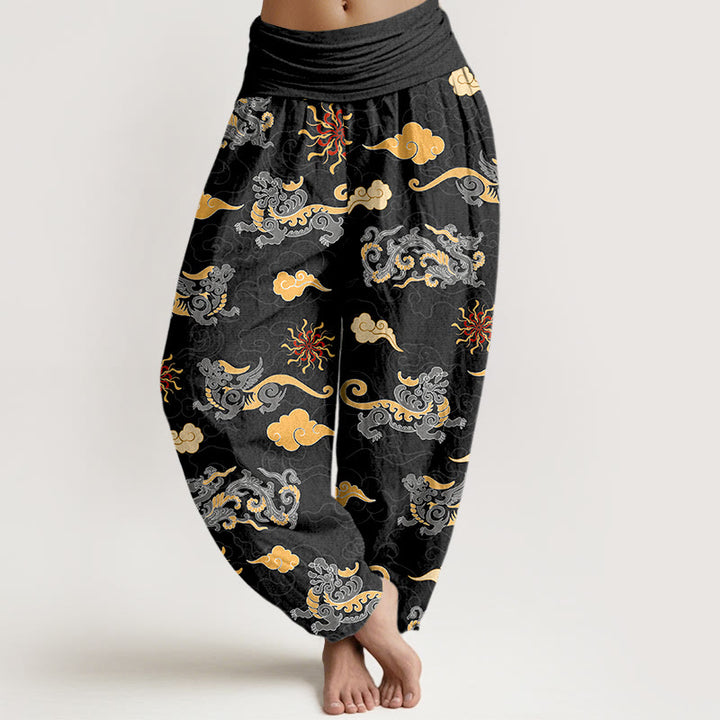 Pantalones harén de algodón con diseño de Buddha Stones, dragón, bestia auspiciosa y nubes, cintura elástica, para mujer - Negro - US16，UK/AU20，EU48 (3XL) - image 8