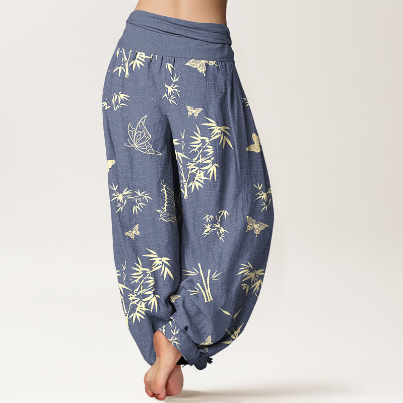 Pantalones Buddha Stones de algodón con estampado de mariposas y bambú para mujer, cintura elástica - image 1