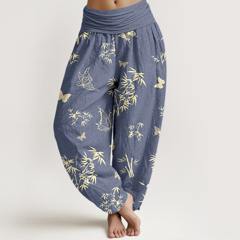 Pantalones Buddha Stones de algodón con estampado de mariposas y bambú para mujer, cintura elástica - Azul pizarra - US16，UK/AU20，EU48 (3XL) - image 0