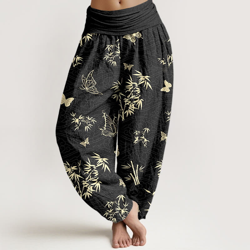 Pantalones Buddha Stones de algodón con estampado de mariposas y bambú para mujer, cintura elástica - Negro - US16，UK/AU20，EU48 (3XL) - image 5