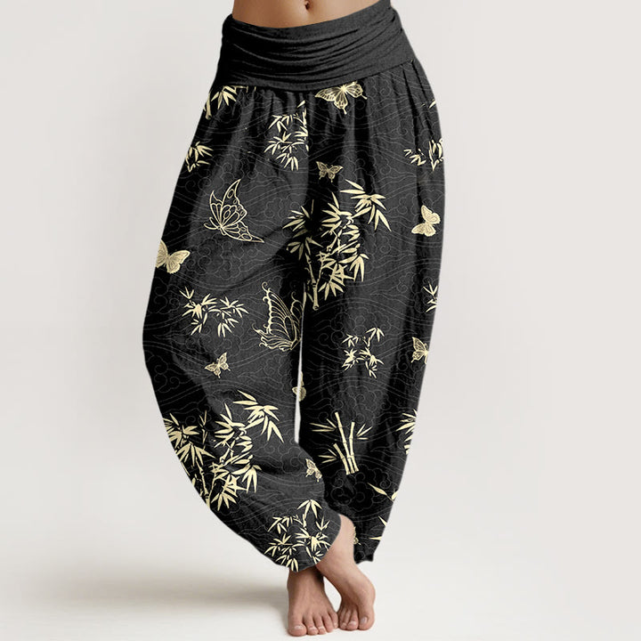 Pantalones Buddha Stones de algodón con estampado de mariposas y bambú para mujer, cintura elástica - Negro - US16，UK/AU20，EU48 (3XL) - image 5
