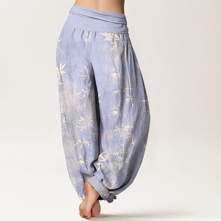 Pantalones harén de algodón con estampado de hojas de bambú y Buddha Stones para mujer, con cintura elástica - image 1