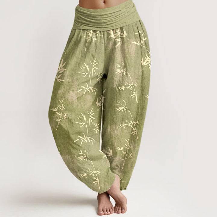 Pantalones harén de algodón con estampado de hojas de bambú y Buddha Stones para mujer, con cintura elástica - Verde amarillento - US16，UK/AU20，EU48 (3XL) - image 5