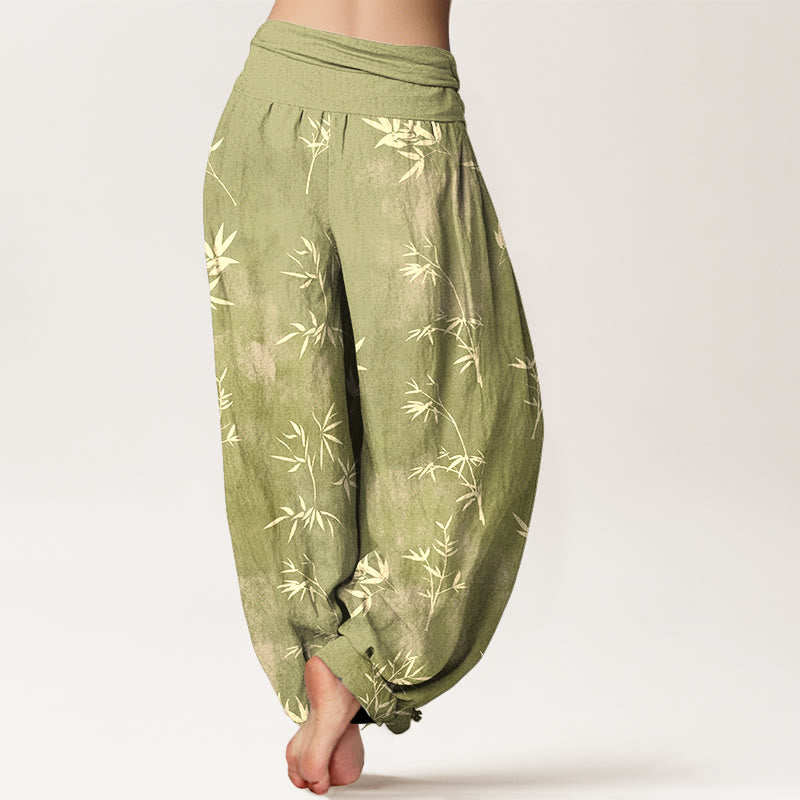 Pantalones harén de algodón con estampado de hojas de bambú y Buddha Stones para mujer, con cintura elástica - image 6