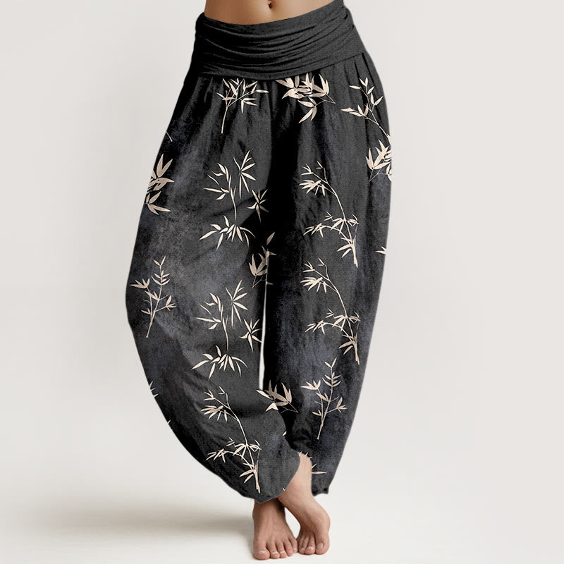Pantalones harén de algodón con estampado de hojas de bambú y Buddha Stones para mujer, con cintura elástica - Negro - US16，UK/AU20，EU48 (3XL) - image 8