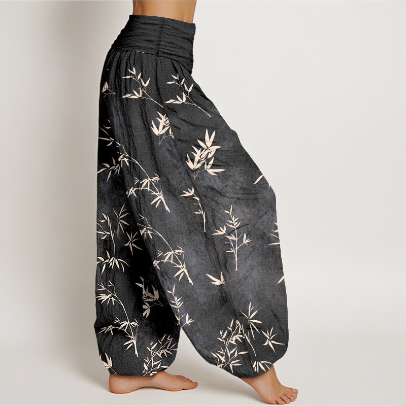 Pantalones harén de algodón con estampado de hojas de bambú y Buddha Stones para mujer, con cintura elástica - image 10