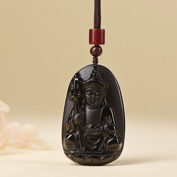 Colgante de obsidiana negra con diseño de Buda Ksitigarbha y Buddha Stones - Obsidiana negra con cadena de cuerda - image 7