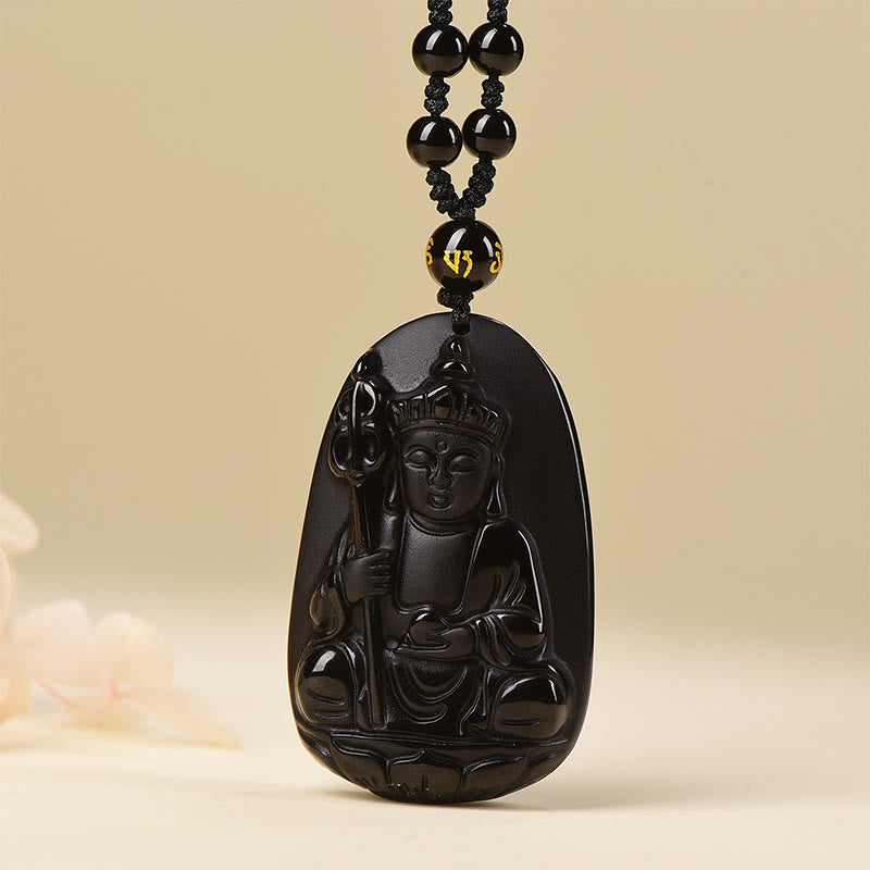 Colgante de obsidiana negra con diseño de Buda Ksitigarbha y Buddha Stones - Obsidiana negra con cadena de cuentas - image 0