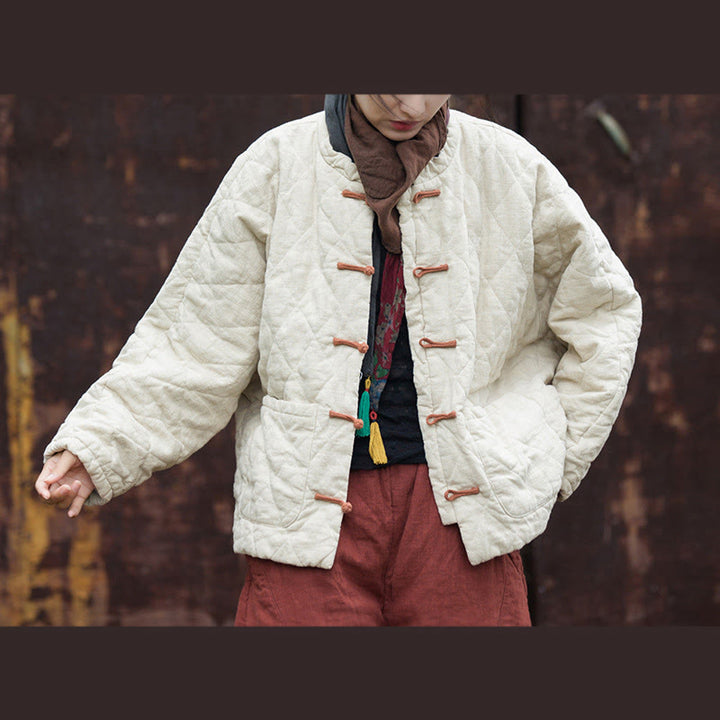 Chaqueta térmica de algodón de manga larga para mujer con bolsillos y diseño de rana y botones de invierno Buddha Stones - FloralBlanco - US14，UK/AU18，EU46 (2XL) - image 0