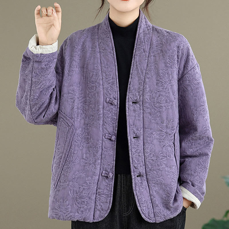 Chaqueta térmica de invierno Buddha Stones para mujer, de algodón, manga larga, cuello en V, jacquard, botones de rana y bolsillos - image 23