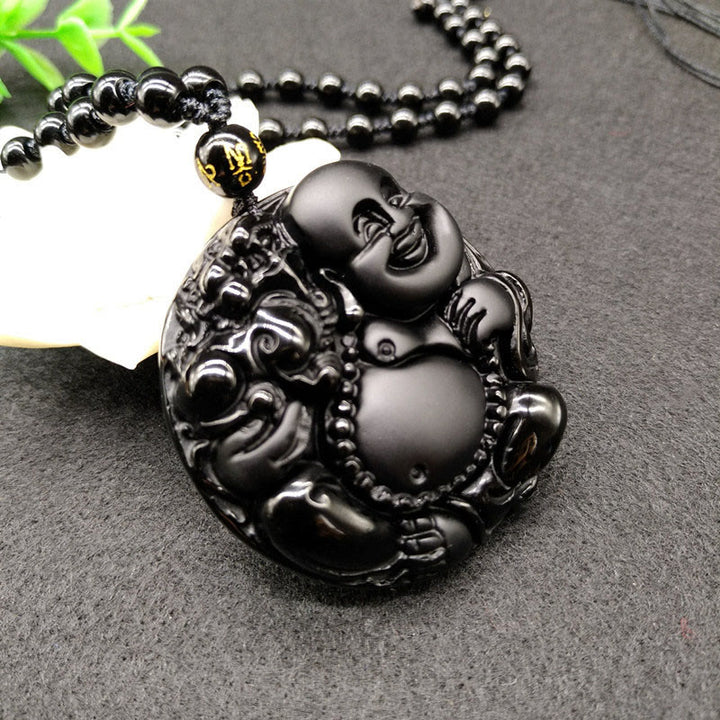 Collar con colgante de obsidiana negra con diseño de Buda sonriente y Buddha Stones - image 3