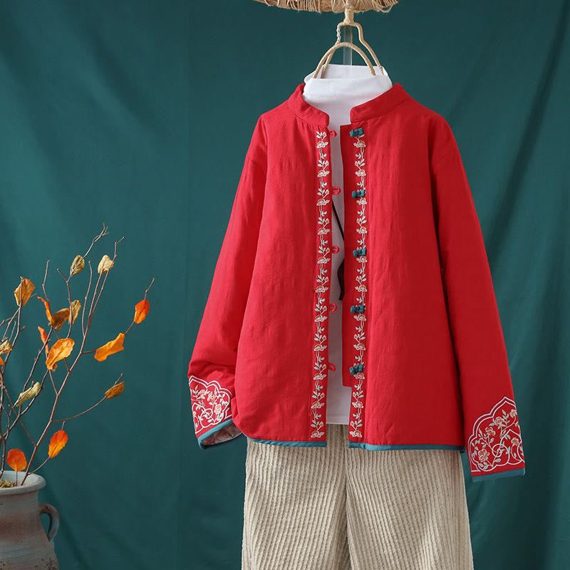 Chaqueta térmica de algodón de manga larga para mujer, con diseño de rana y botones bordados con flores y vides, de Buddha Stones, de invierno. - Rojo - US8-10，UK/AU12-14，EU40-42 (2XL) - image 18