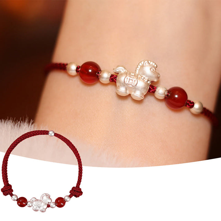 Pulsera de hilo de plata de ley 999 con Buddha Stones y ágata roja, Año del Caballo, Prosperidad - image 3