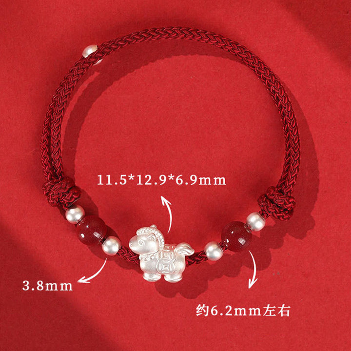 Pulsera de hilo de plata de ley 999 con Buddha Stones y ágata roja, Año del Caballo, Prosperidad - image 2