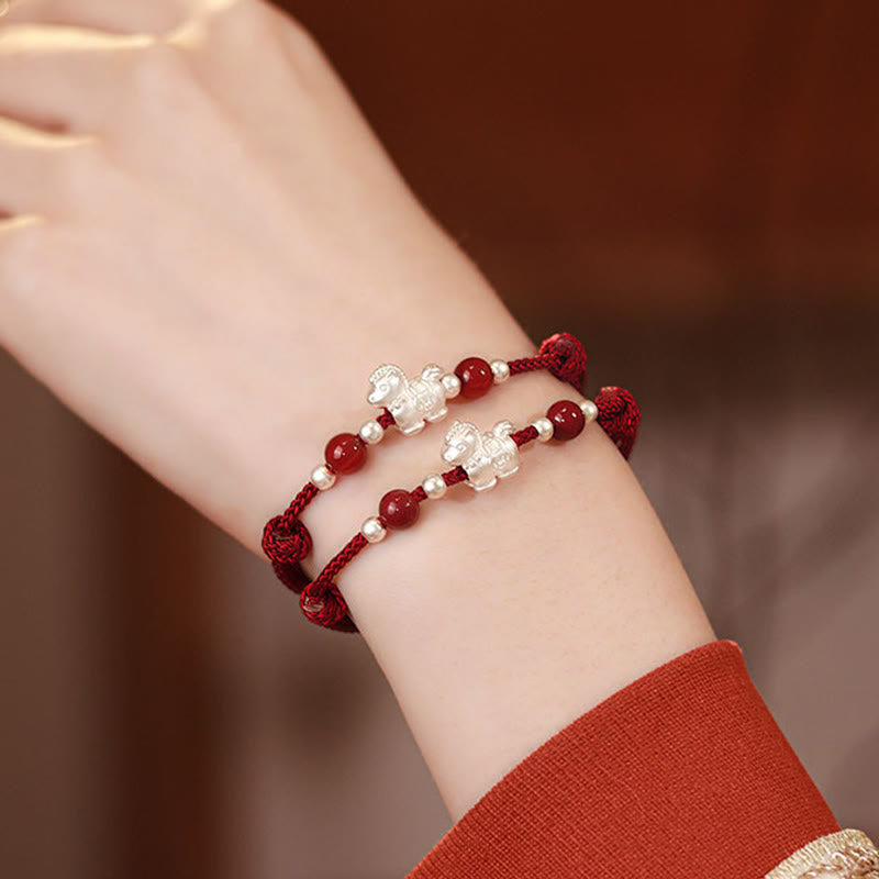 Pulsera de hilo de plata de ley 999 con Buddha Stones y ágata roja, Año del Caballo, Prosperidad - image 24