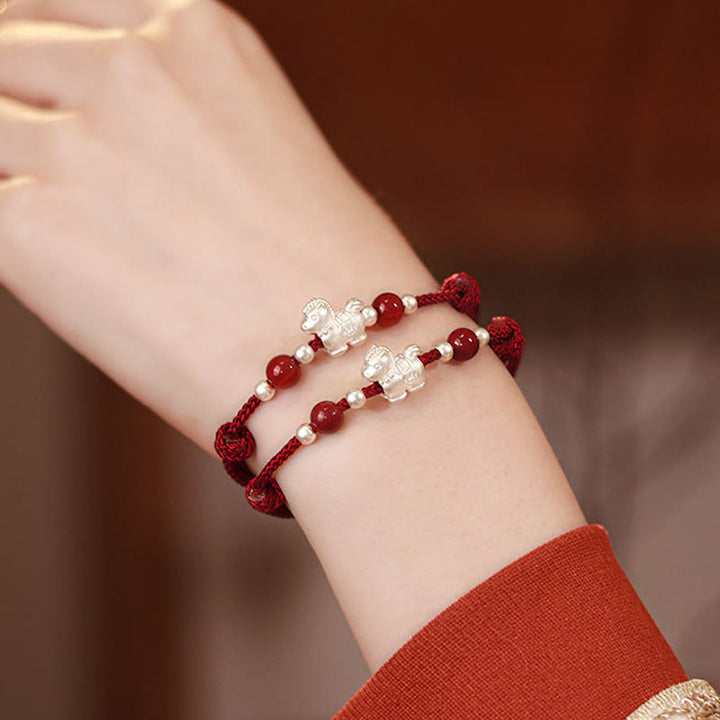 Pulsera de hilo de plata de ley 999 con Buddha Stones y ágata roja, Año del Caballo, Prosperidad - image 24