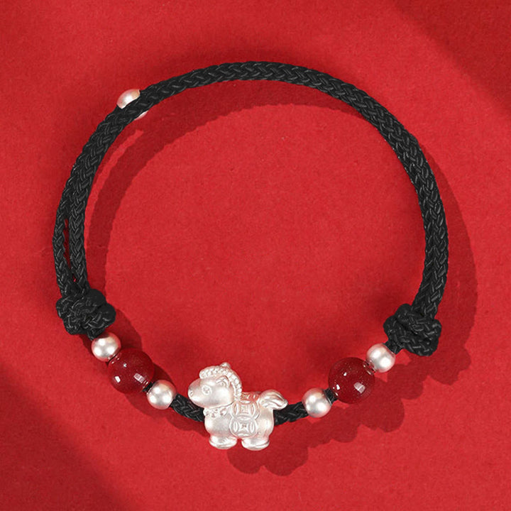 Pulsera de hilo de plata de ley 999 con Buddha Stones y ágata roja, Año del Caballo, Prosperidad - Cuerda negra (circunferencia de la muñeca: 14-21 cm) - image 10