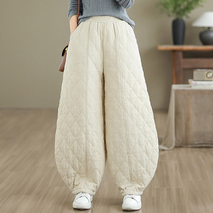 Pantalones de algodón con estampado de diamantes de invierno y bolsillos para mujer con Buddha Stones - Blanco floral - US8-10，UK/AU12-14，EU40-42 (2XL) - image 8