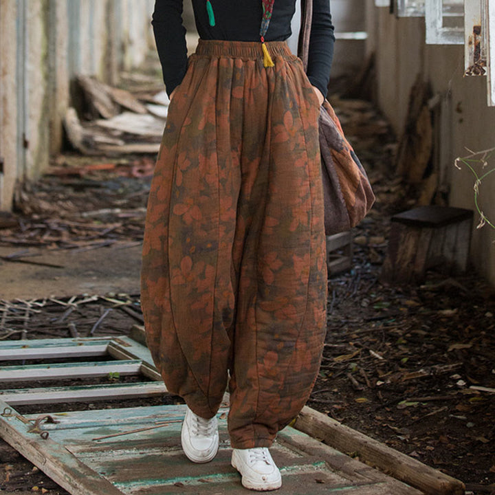 Pantalones gruesos de algodón con estampado de flores y Buddha Stones para mujer con bolsillos - Chocolate  - US4-6, UK/AU8-10, EU36-38 (F) - image 0