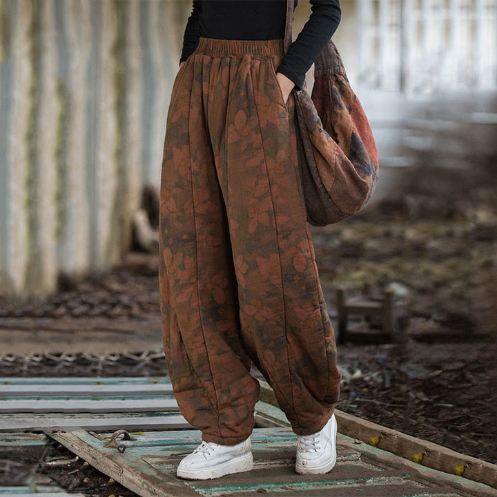 Pantalones gruesos de algodón con estampado de flores y Buddha Stones para mujer con bolsillos - image 2