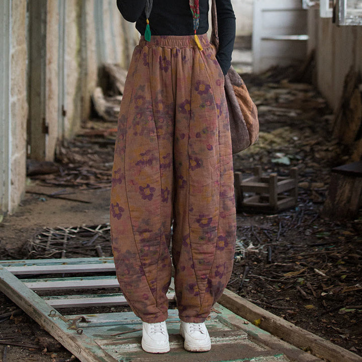 Pantalones gruesos de algodón con estampado de flores y Buddha Stones para mujer con bolsillos - Violeta oscuro - US4-6, UK/AU8-10, EU36-38 (F) - image 9