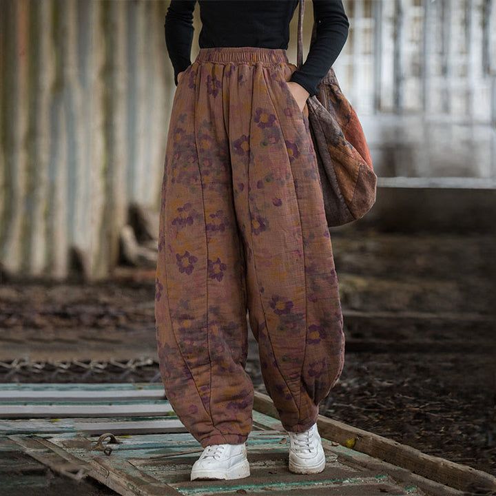 Pantalones gruesos de algodón con estampado de flores y Buddha Stones para mujer con bolsillos - image 10
