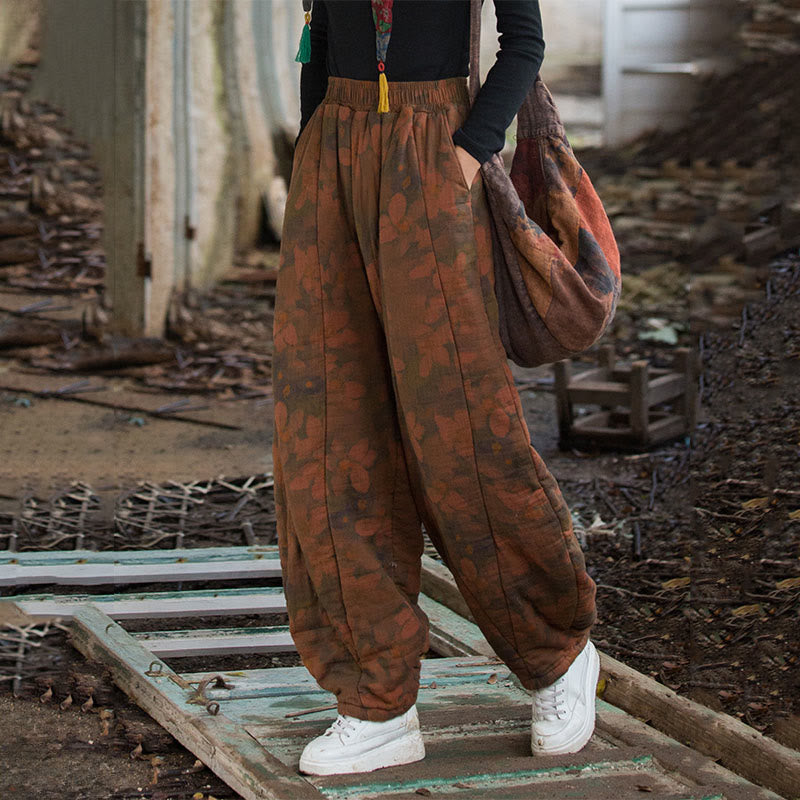 Pantalones gruesos de algodón con estampado de flores y Buddha Stones para mujer con bolsillos - image 8