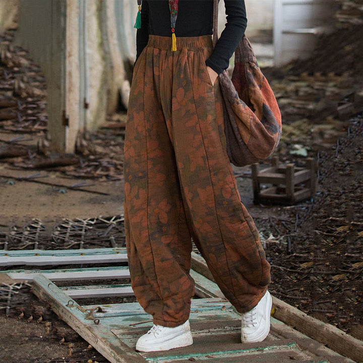 Pantalones gruesos de algodón con estampado de flores y Buddha Stones para mujer con bolsillos - image 8