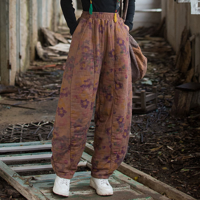Pantalones gruesos de algodón con estampado de flores y Buddha Stones para mujer con bolsillos - image 11
