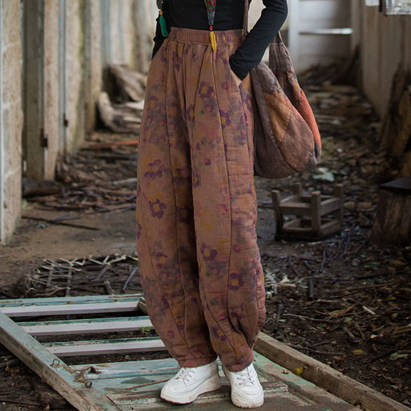 Pantalones gruesos de algodón con estampado de flores y Buddha Stones para mujer con bolsillos - image 12