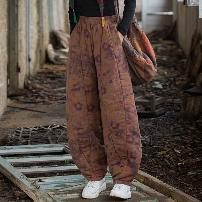 Pantalones gruesos de algodón con estampado de flores y Buddha Stones para mujer con bolsillos - image 13