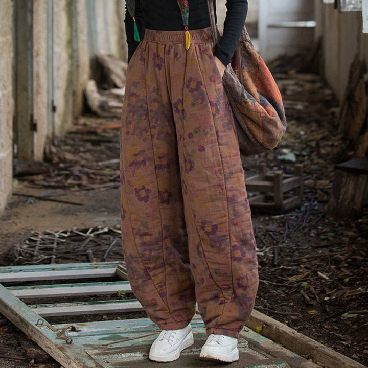 Pantalones gruesos de algodón con estampado de flores y Buddha Stones para mujer con bolsillos - image 13
