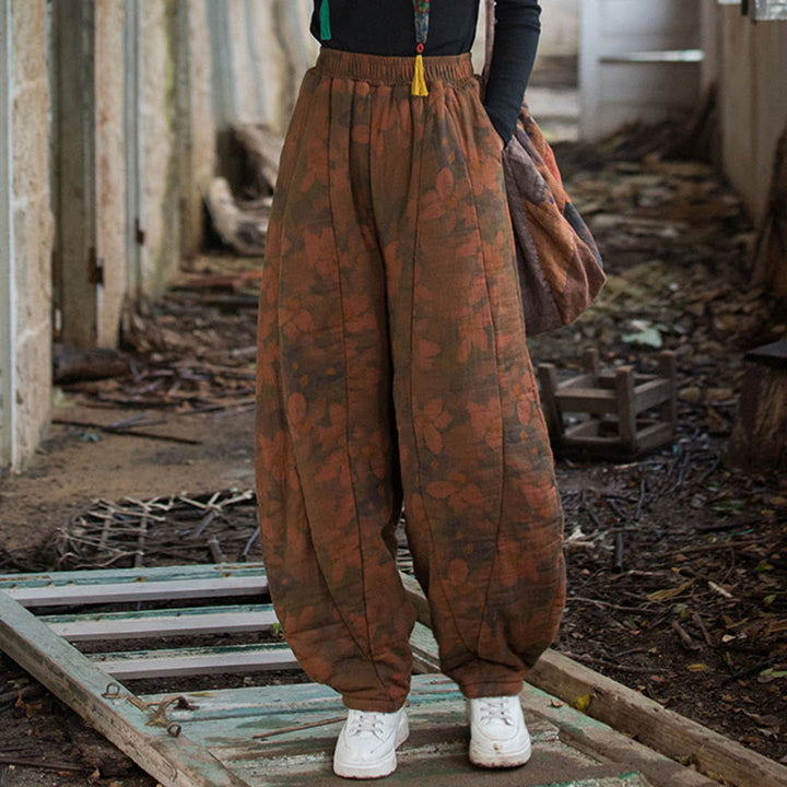 Pantalones gruesos de algodón con estampado de flores y Buddha Stones para mujer con bolsillos - image 4