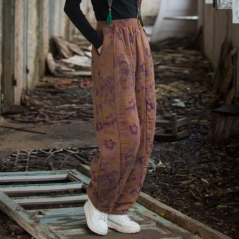 Pantalones gruesos de algodón con estampado de flores y Buddha Stones para mujer con bolsillos - image 14